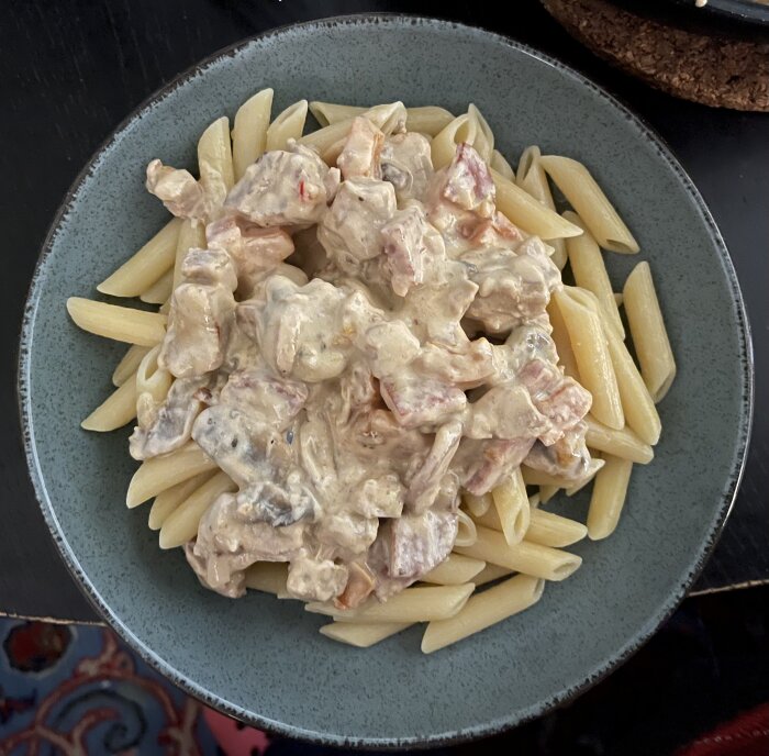 Pasta med krämig sås av fläskfilé, salami, lök, champinjoner och tomater serverad på en grå tallrik.