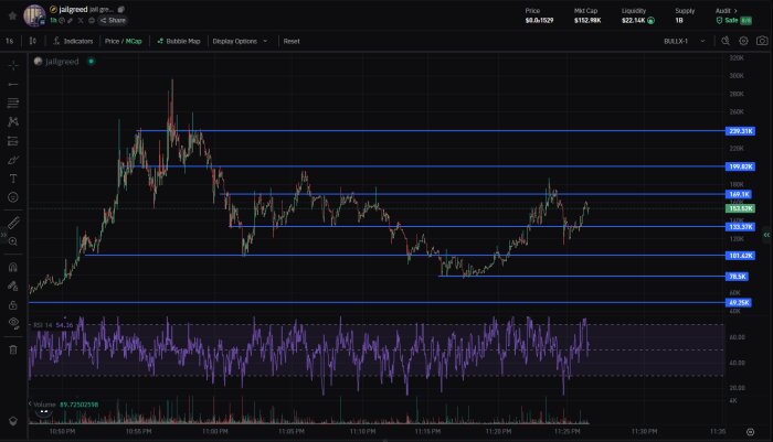 Diagram som visar prisdiagram och RSI-indikator för en kryptovaluta.