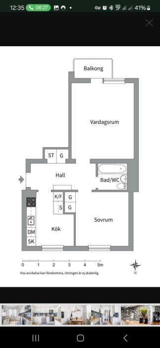 Planlösning av en 56 m² lägenhet med vardagsrum, kök, bad/WC, sovrum och balkong. Diskuterar fiskbensmönstrad golvläggning.