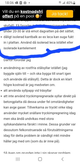 Text om isolation av kantbalkar av leca med blå understrykning; förslag på att använda isolerad leca eller isolerade kantelement.