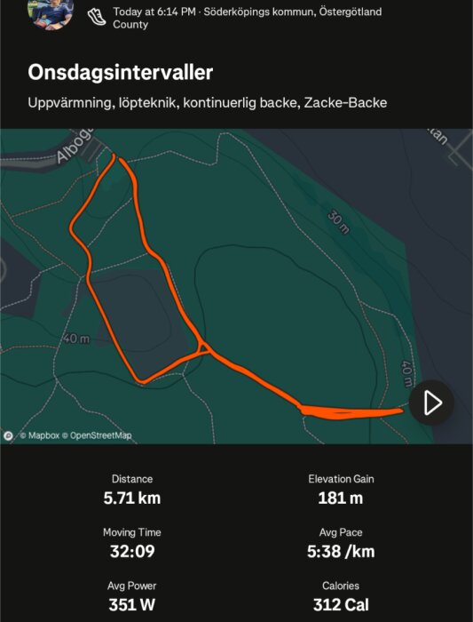 Löpintervaller i Söderköping, 5.71 km på 32:09 minuter, med 181 m höjdökning. Genomsnittlig hastighet 5:38/km och 312 kalorier förbrända.