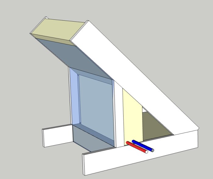 3D-skiss av ett snedtak med isolering och ångspärr. Kall- och varmvattenledningar är dragna genom kattvinden längs stödbenen.