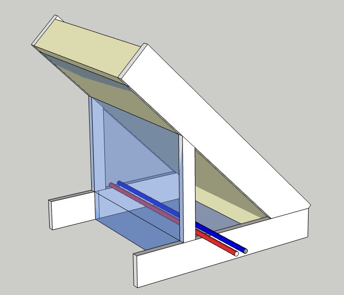 Illustration av isolering och rördragning i kattvind med ångspärr. Rören ligger underst och isolering täcker snedtaket.