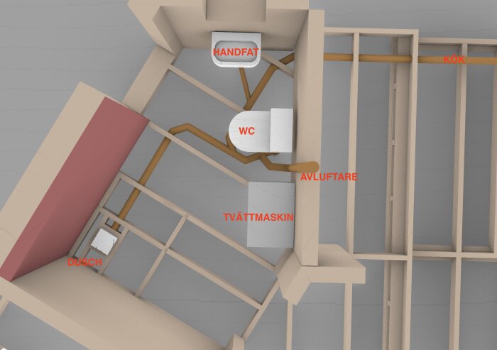 3D-ritning av avloppssystem i en sommarstuga med markerade platser för handfat, WC, tvättmaskin, dusch, kök och avluftare.