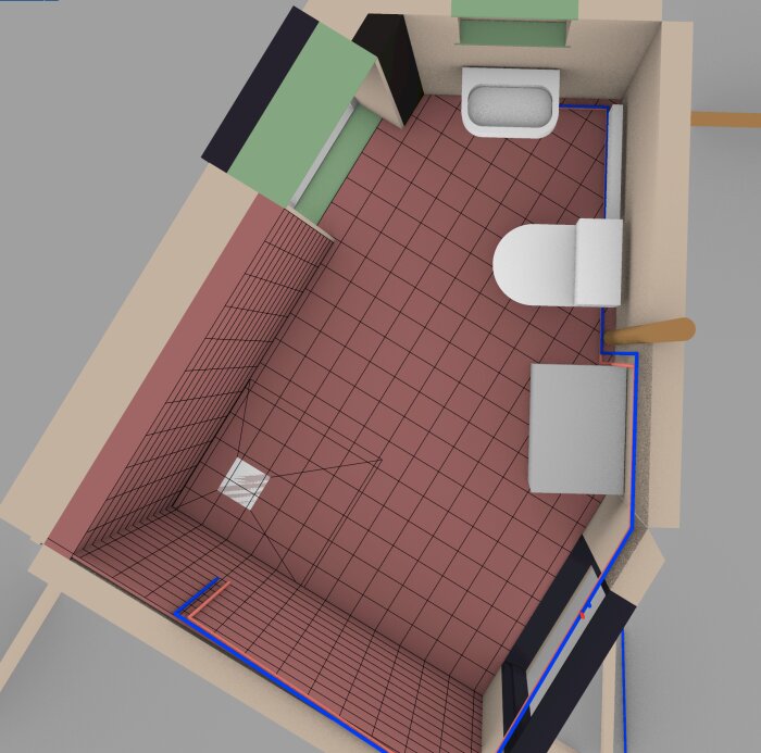Föreslagen avloppslösning för ett badrum i en sommarstuga, med wc, handfat, dusch och detaljerad rördragning.
