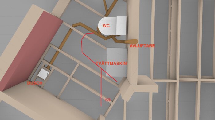 Byggplan över avlopp; visar dusch, tvättmaskin, varmvattenberedare (VVB), WC och avluftare med rördragning på bjälklag.