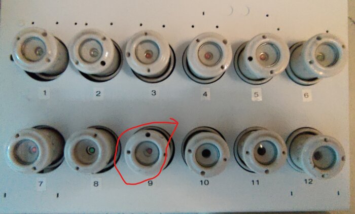 Panel med proppsäkringar, nummer 1 till 12, inuti ett elskåp, där propp nummer 9 är markerad med en röd cirkel.