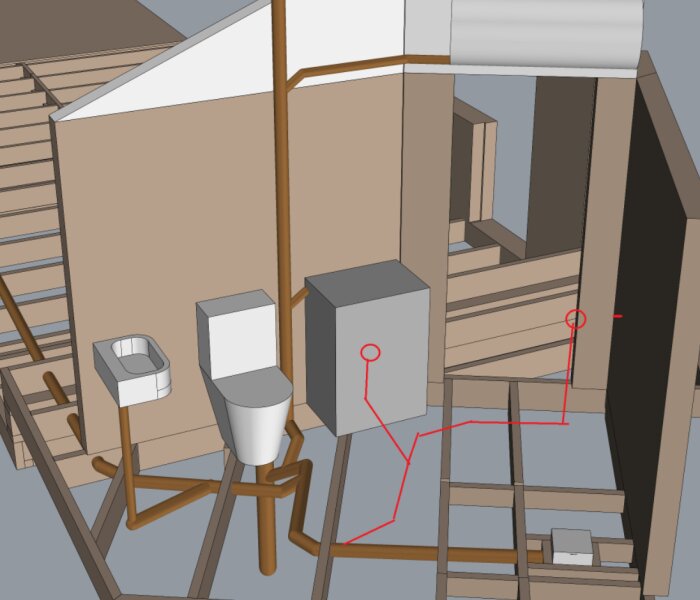 3D-modell av VVS-installation med avloppsrör, toalett, och varmvattenberedare. Rören går genom golvbjälklaget och upp i väggen.