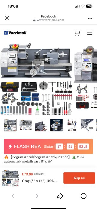 Bild av en mini automatisk metall-svarv 8"x16" till rabatterat pris med tillbehör uppställda bredvid, visad på Vazzimalls Facebook-sida.