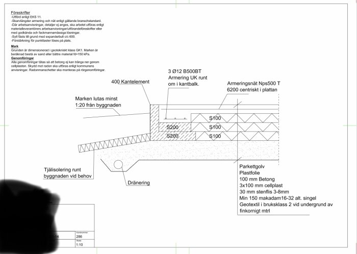 K-ritning av trävägg på betongplatta, visar armering, dränering och isolering med detaljnoteringar och olika lager av material.