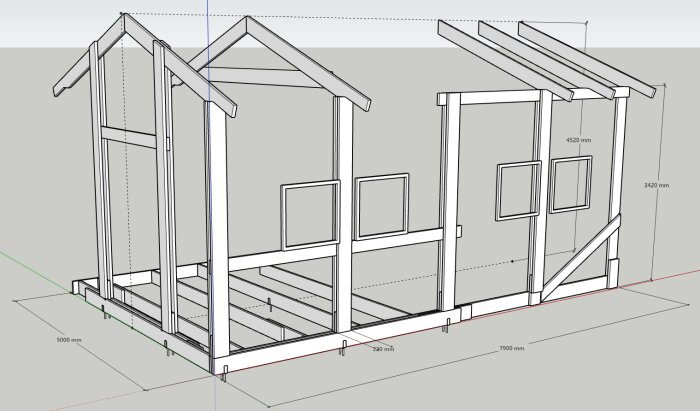 Skiss av ett oisolerat skjul med mått, väggstolpar och takstolar, inspirerad av carports; visas med grundläggning och stödstrukturer.