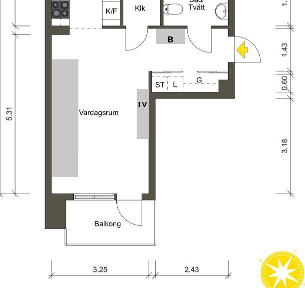 Planskiss över lägenhet med markerad TV-lokal och detaljerad rumsstorlek. Visar kök, vardagsrum, balkong, och hall med mått.