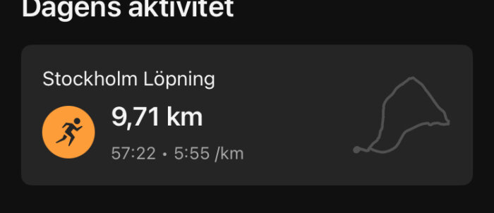 Löprunda i Stockholm: 9,71 km på 57 minuter och 22 sekunder, med en snittempo på 5:55 per km. En runda visas som karta.