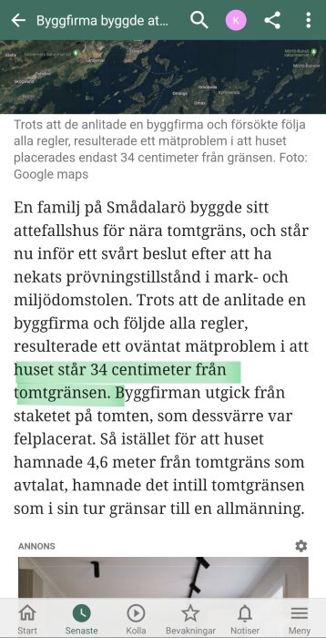 Artikel om hus på Smådalarö byggt av byggfirma endast 34 cm från tomtgränsen, med bild från Google Maps över området.