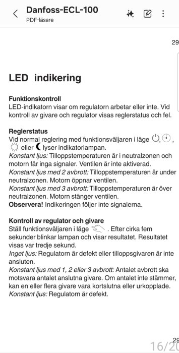 Manual för Danfoss-ECL-100 LED-indikering, beskriver reglerstatus och funktionskontroll för regulator och givare.