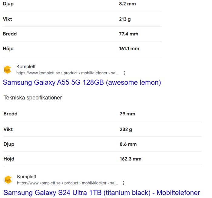 Jämförelse av tekniska specifikationer mellan Samsung Galaxy A55 5G 128GB och Samsung Galaxy S24 Ultra 1TB, inklusive mått och vikt.