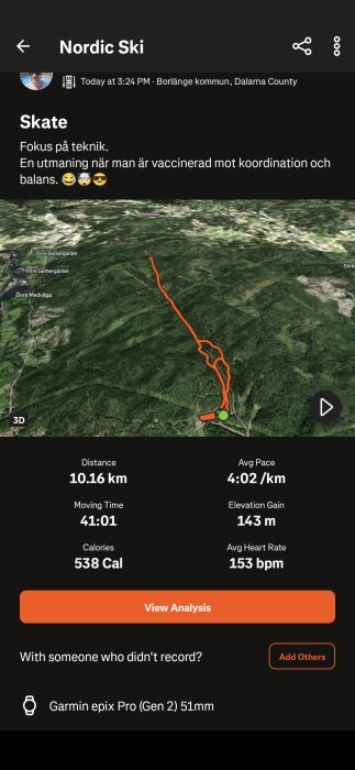 Satellitbild med skidspår markerat i orange, visar en tur på 10,16 km nära Borlänge. Information om distans, tid, kalorier och puls syns.