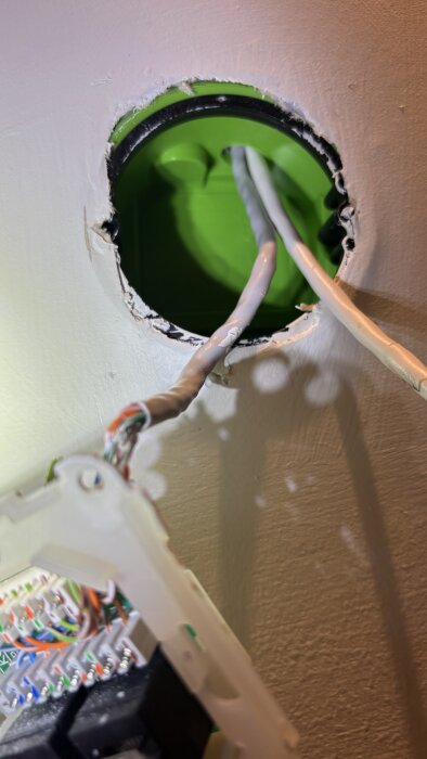 Närbild av ett öppet vägguttag med vit nätverkskabel draget genom grönt rör i väggen. Kablarna verkar vara fast installerade.