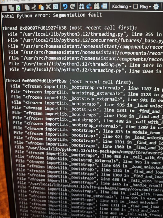 Skärmbild av terminal med ett Python-felmeddelande om segmenteringsfel, där olika trådar och filvägar listas.