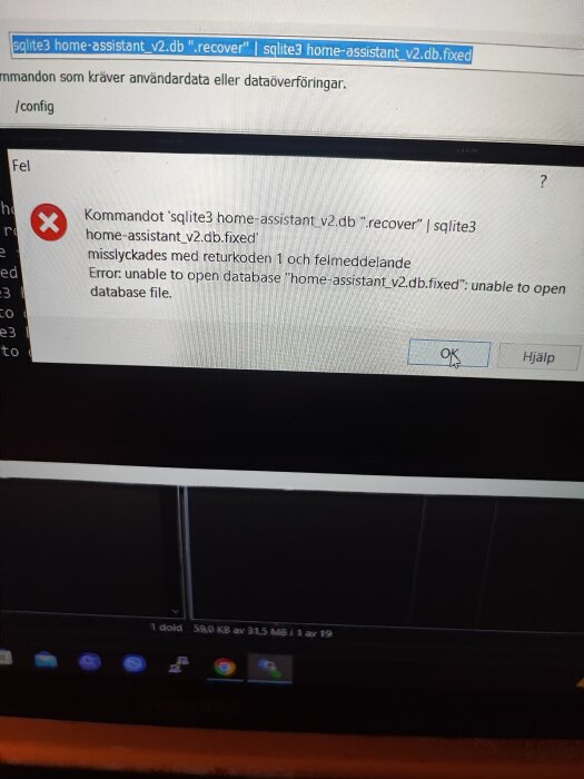Felmeddelande på skärm: "unable to open database 'home-assistant_v2.db.fixed'" från försök att återställa SQLite databas.