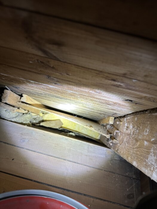 Snedtak med träbalkar och isolering, med lager av sågspån synligt mellan brädorna.