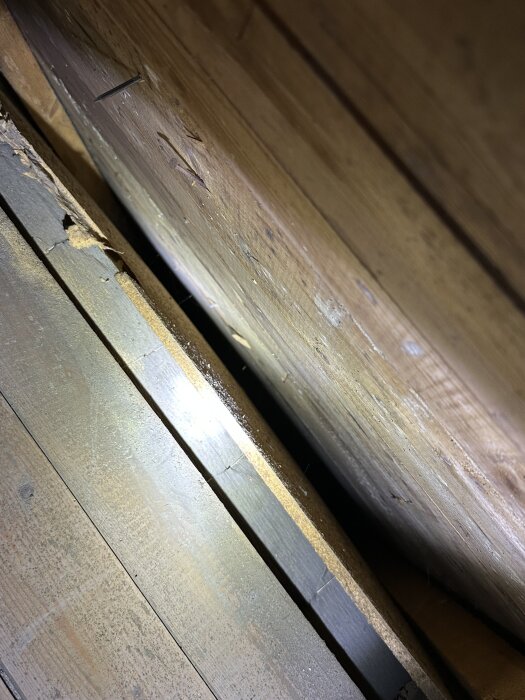 Närbild på en snedtakskonstruktion med träplankor och synligt sågspån mellan plankorna, belyst av en ficklampa.