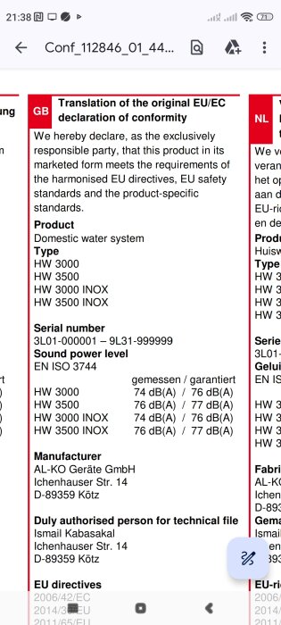 Deklaration av överensstämmelse för inhemskt vattensystem med serienummer och ljudnivåangivelser, tillverkad av AL-KO Geräte GmbH.