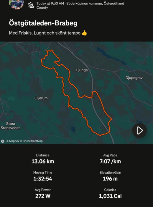 Karta över en 13,06 km löprunda i Östgötaleden-Brabeg med data om sträcka, tempo, tid, stigning, effekt och kalorier.