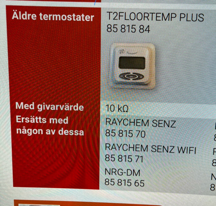 Information om äldre termostater och ersättningsalternativ, inklusive modeller som RAYCHEM SENZ och SENZ WIFI samt givare på 10 kΩ.