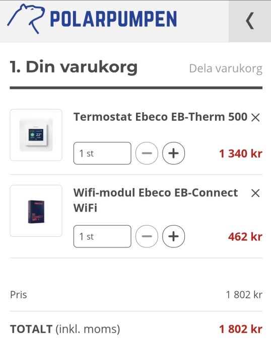 Varukorg innehållande termostat Ebeco EB-Therm 500 och Wifi-modul Ebeco EB-Connect WiFi till priset 1 802 kr hos Polarpumpen.