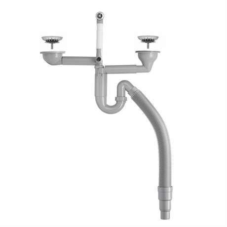 Dubbelvinklad avloppsrörsinstallation med två diskhoar och flexibelt slangrör, kopplat enligt monteringsanvisning för Contura Pro.