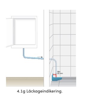 Diagram av skvallerrörsinstallation som visar röranslutning från fördelarskåp till golv med minimiavstånd för läckageindikering.