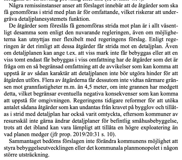 Lagrådsremissens sida 216 med text om bygglov och detaljplan.