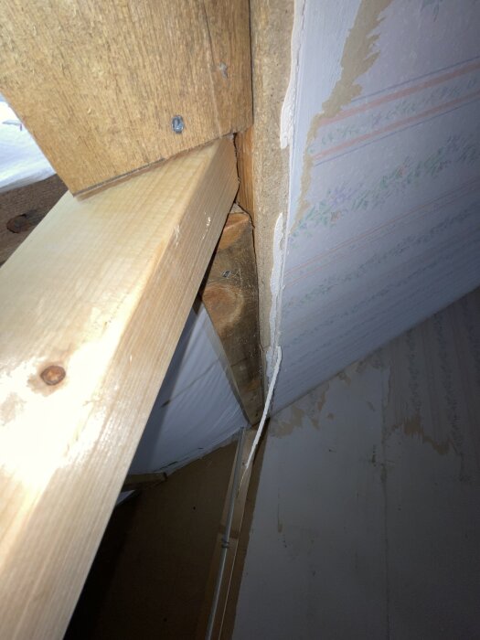 Trästolpar och takbjälkar i kattvinden, vissa stolpar verkar inte helt ligga mot takstolarna. Bakgrund visar halvt avlägsnad tapet.