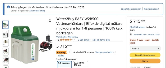Bild av en Water2Buy EASY W2B500 vattenavhärdare från Amazon med specifikationer för 1-8 personer och ett pris på 5 715 kr.
