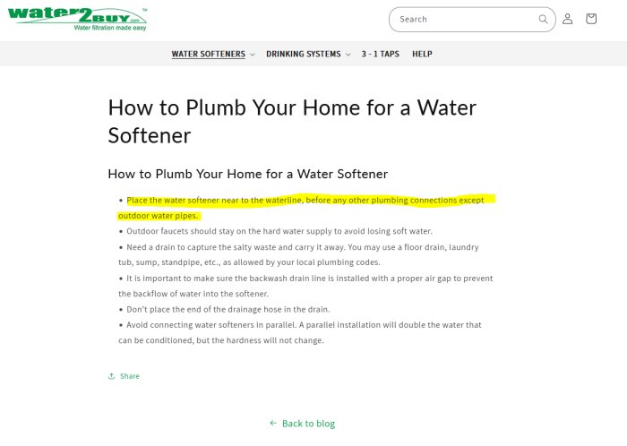 Anvisning för att installera en vattenavhärdare, med markerad text om placering nära vattenledning utan andra röranslutningar utom utomhusledningar.