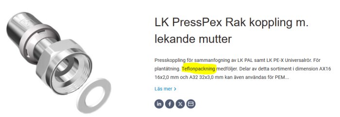 Koppling i metall med mutter och en medföljande teflonpackning ligger separat, del av LK PressPex system för rörkoppling.