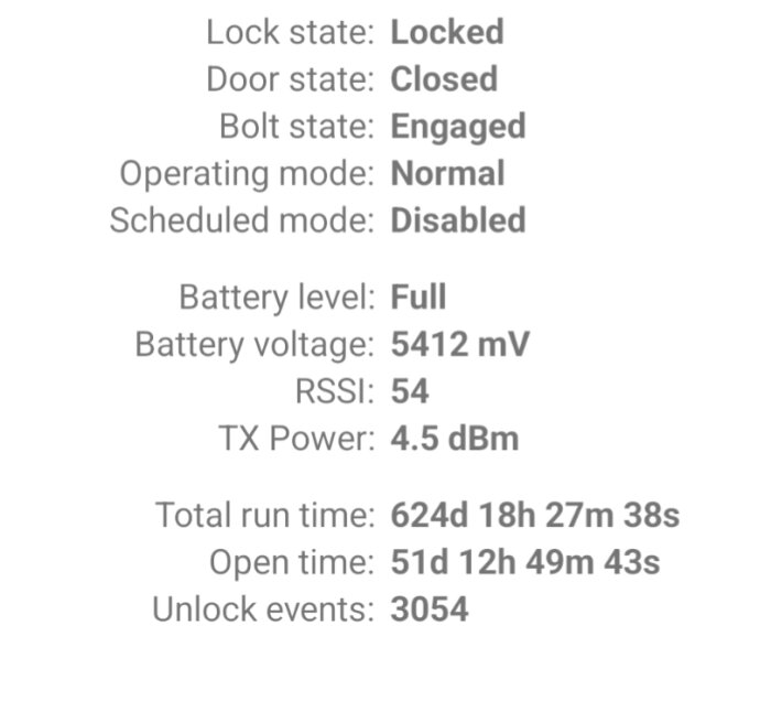 Data från lås och dörrbox, inklusive låsstatus, batterinivå, spänning, RSSI, TX-effekt, totalt körtid, öppettid och upplåsningshändelser.