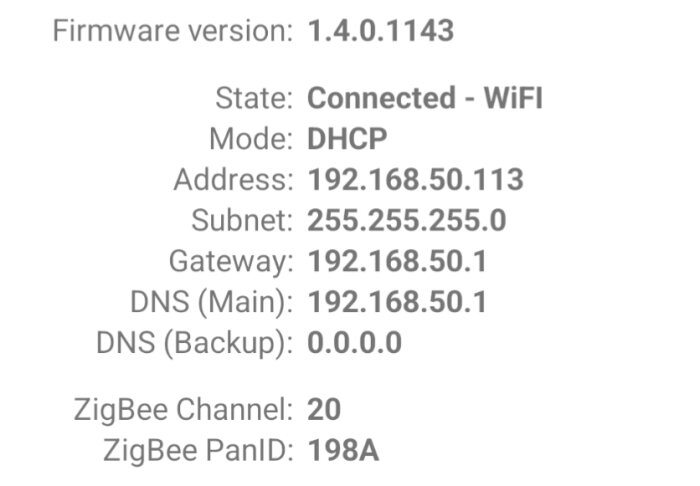 Firmware och nätverksinställningar för ansluten WiFi-enhet, inklusive IP-adress, gateway, DNS, och ZigBee-kanal.