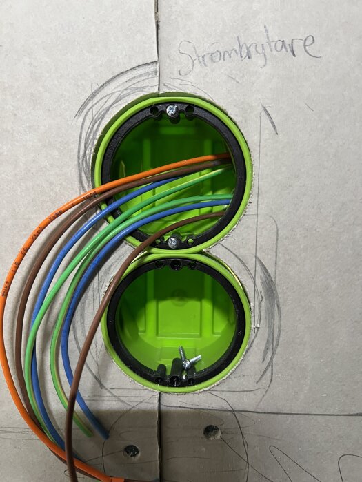 Dubbel kopplingsdosa med kablar, inbyggd i en gipsvägg. Texten "strömbrytare" skriven på väggen ovanför dosorna.