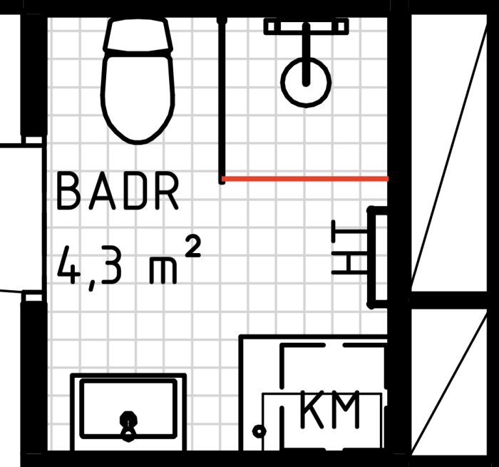 Planlösning av badrum på 4,3 m² med inritat rött streck för takskena, visar toalett, dusch, handfat och tvättmaskin.