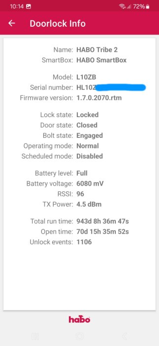 Skärmdump av dörrlåsets informationsskärm från appen Habo Tribe 2, med detaljer om modell, firmwareversion och batterinivå.