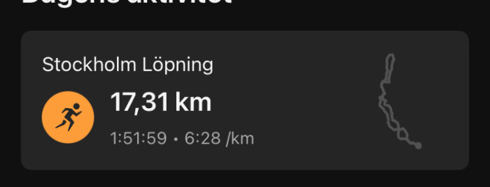 Bilden visar en löpstatistik för Stockholm, 17,31 km på 1:51:59 med en snitthastighet på 6:28/km, samt en karta över löprundan.