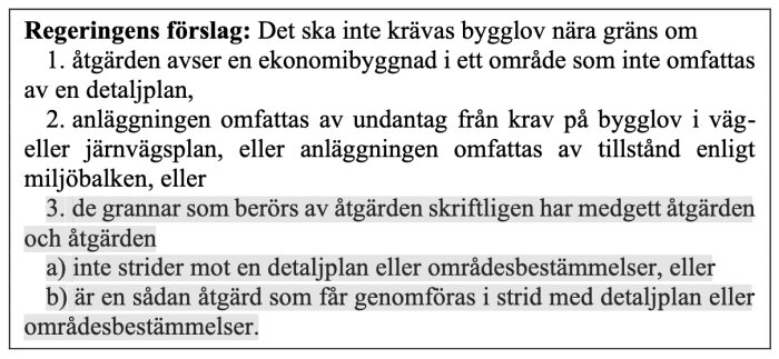Bild av text som beskriver regeringens förslag att undanta vissa åtgärder från krav på bygglov nära gräns, med punktlista för specifika villkor.
