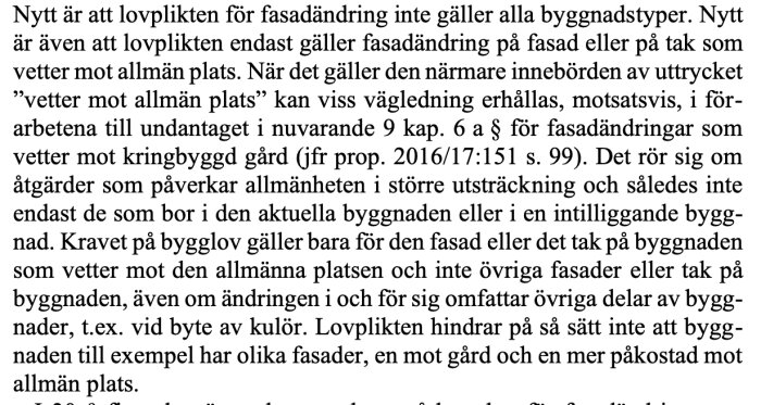 Sida ur lagrådsremiss om bygglov och fasadändringar som vetter mot allmän plats.