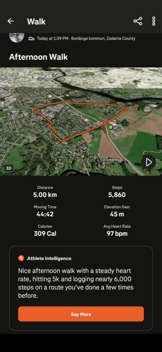 3D-karta över en 5 km promenad i Borlänge. Visar rutt och data: tid 44:42, steg 5,860, höjdstigning 45 m, kalorier 309, genomsnittlig puls 97 bpm.