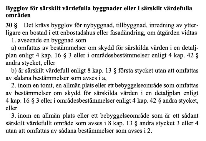 Lagtext om bygglov för särskilt värdefulla byggnader, paragraf 30 §, inklusive detaljer om när bygglov krävs enligt plan- och bygglagen.