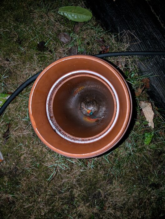 Orange avloppsrör med vattenfylld öppning på en gräsmatta, innehållande föremål och leksak, delvis synligt kvällstid.