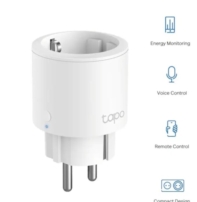 Vit TP-Link Tapo P115 smartplugg med energimonitor, röststyrning och fjärrkontroll.