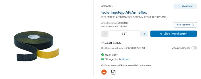 Skärmbild av Armacell isoleringstejp AF/Armaflex inklusive produktdetaljer och pris på 1123,01 SEK per styck.